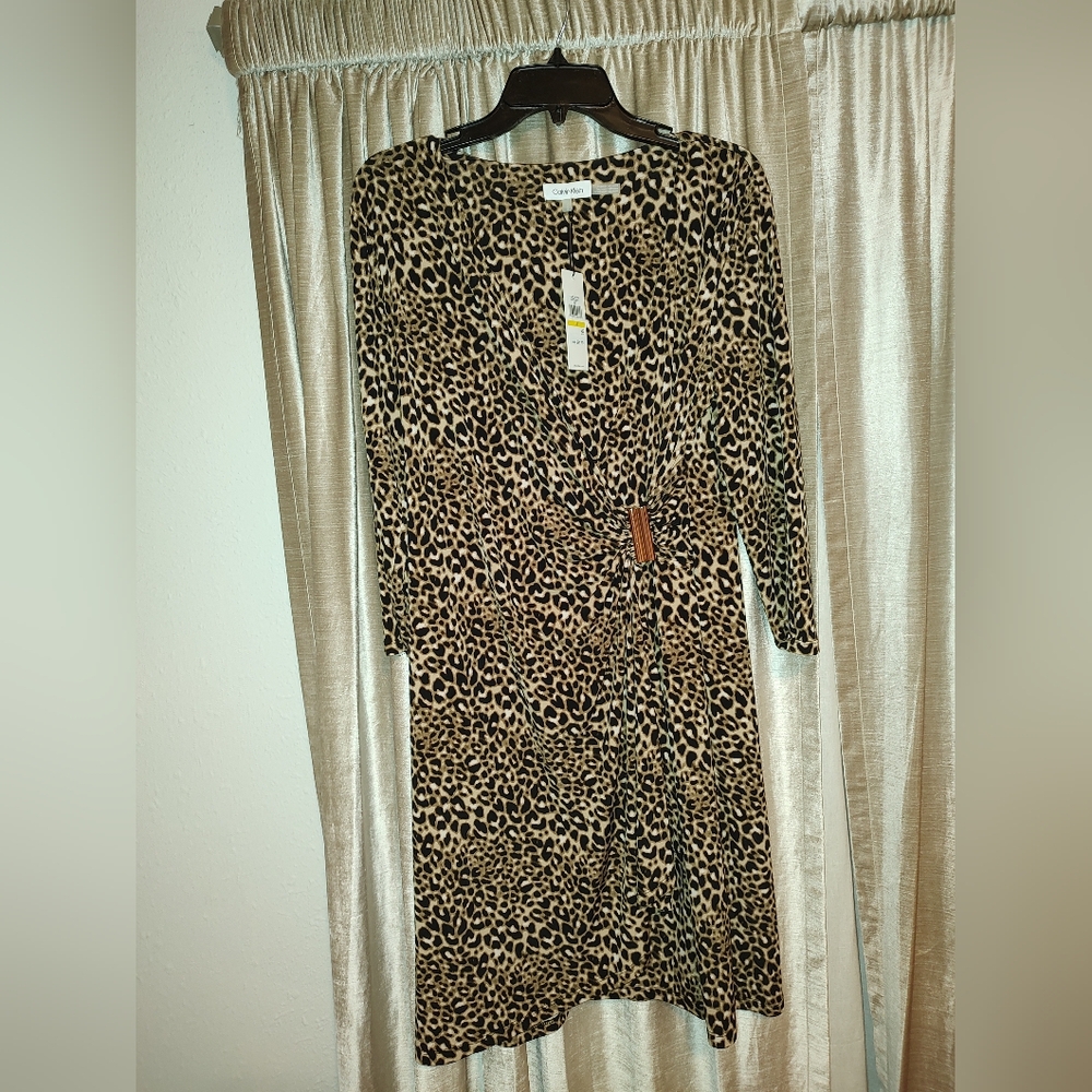 Calvin Klein Leopard Print Faux Wrap Dress, Gold Hardware, Sz. Med, NWT
